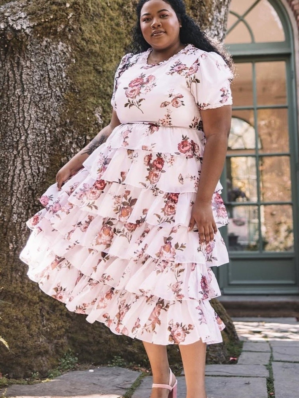 JessaKae Wild Roses blush pink floral tiered dress modest wedding guest 2XL